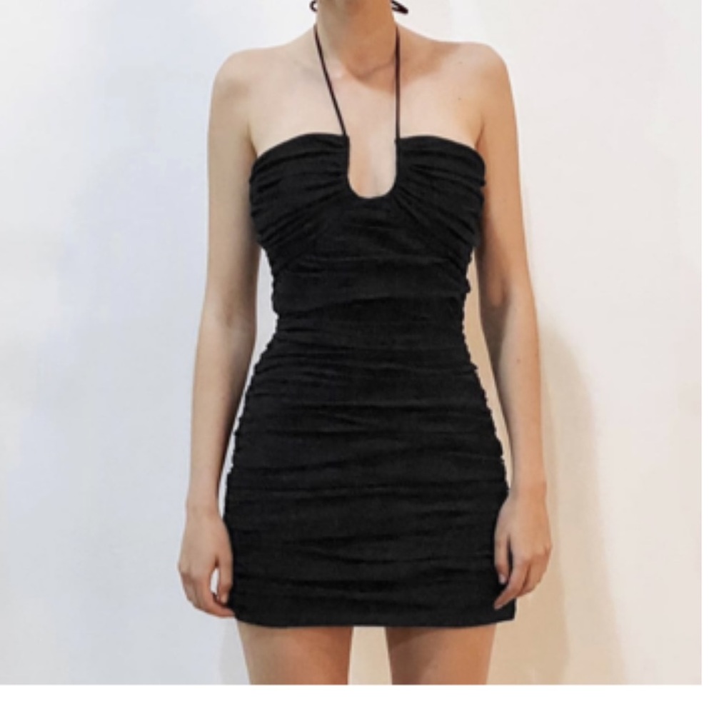 Zara Ruched Mini black halter dress